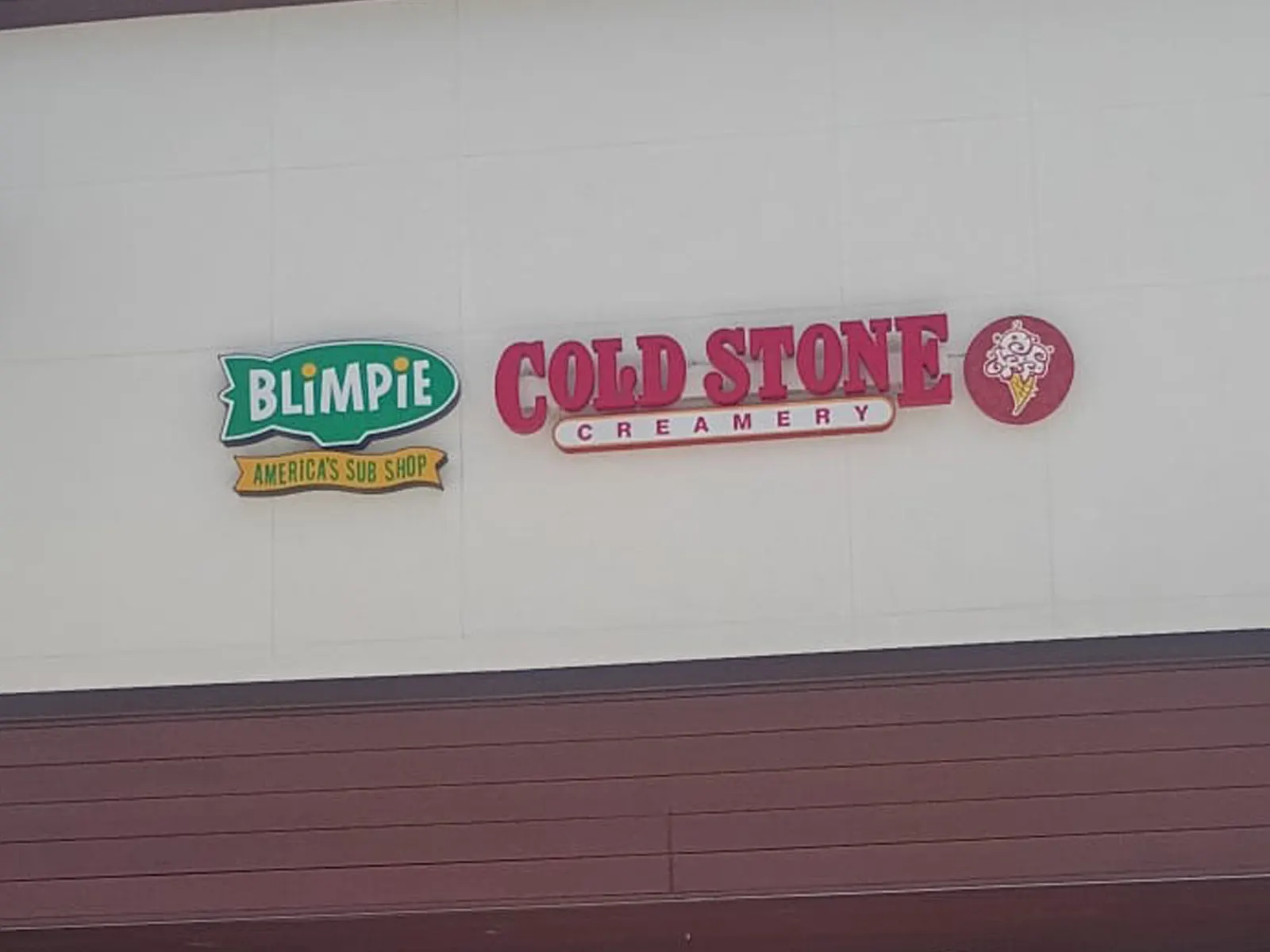 Blimpie and Cold Stone Creamery channel letters side by side on a shared storefront