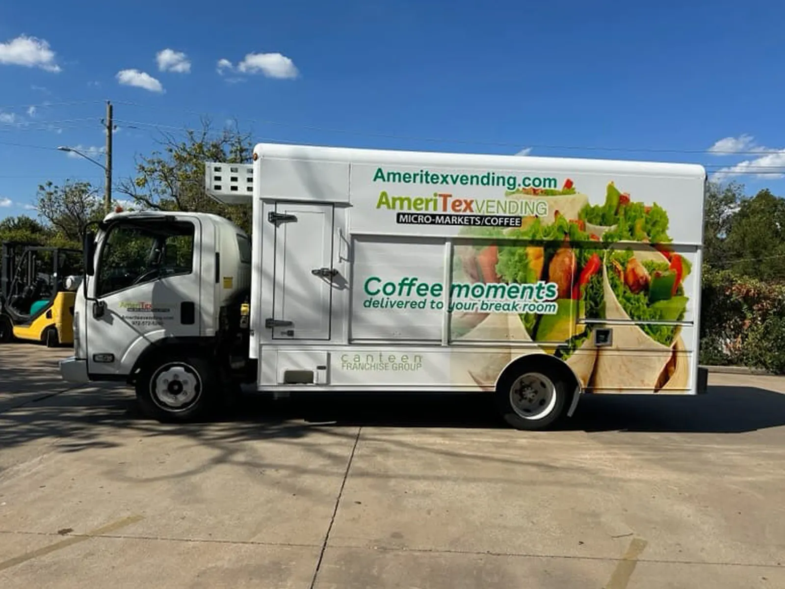 AmeriTex Vending box truck wrapped with coffee and fresh food imagery